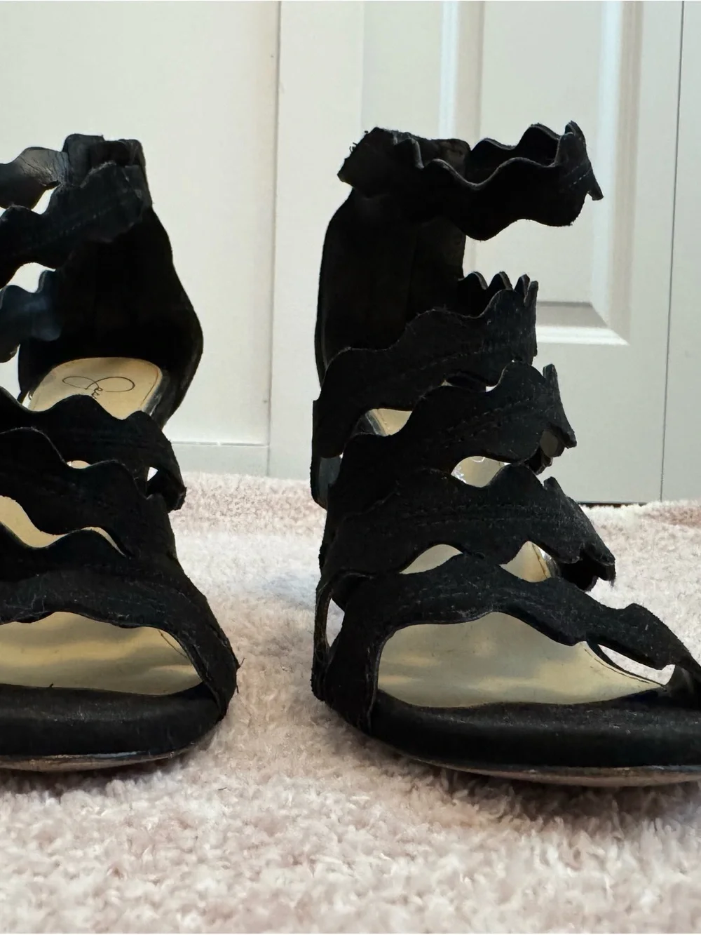 Jessica Simpson Black Wavy Strap Suede Heels